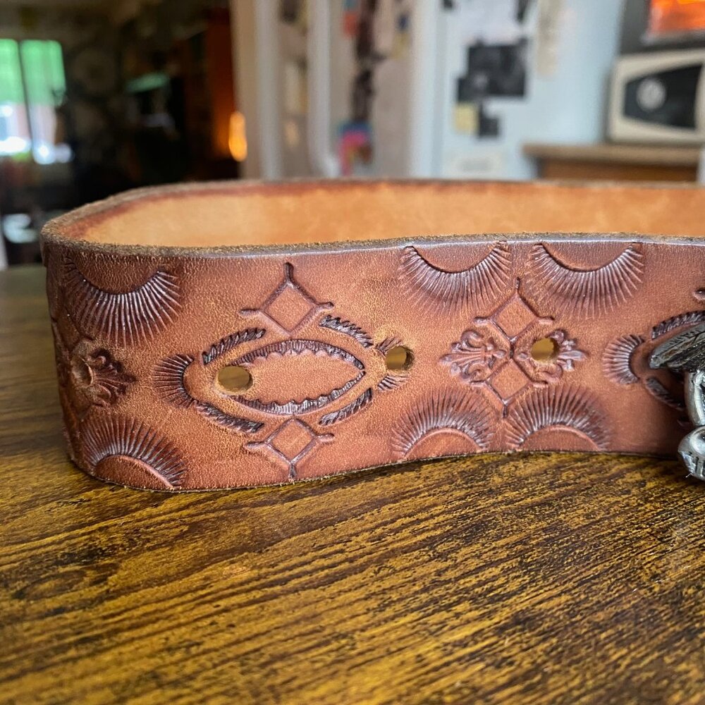 Vintage 1976 Western Tooled Leather Belt with Eagle Buckle Unisex - Picture 5 of 12